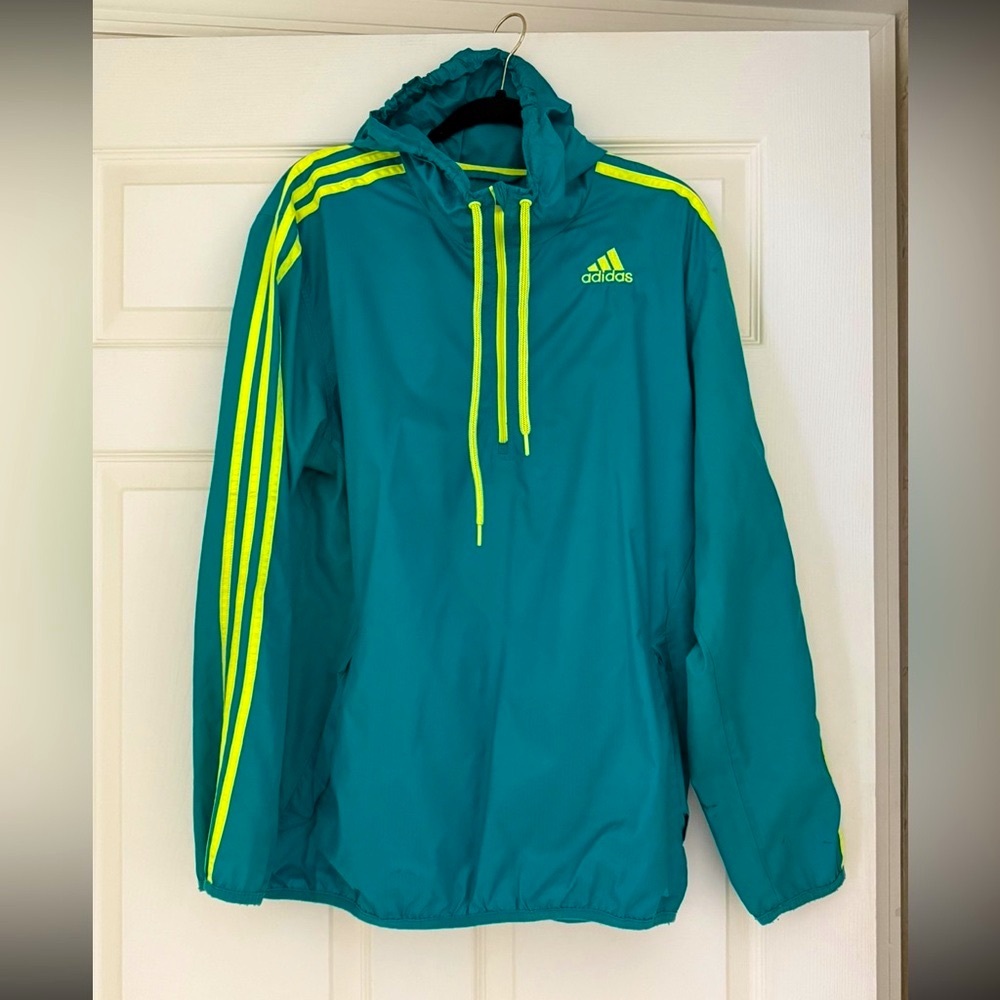 Adidas Windbreaker Pullover Track Jacket Blue Teal Neon Half Zip Vintage Large